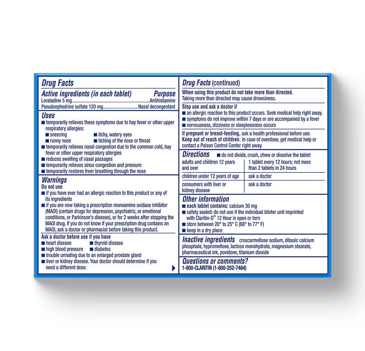 blue and white carton of Claritin-D® Tablets 12-Hour