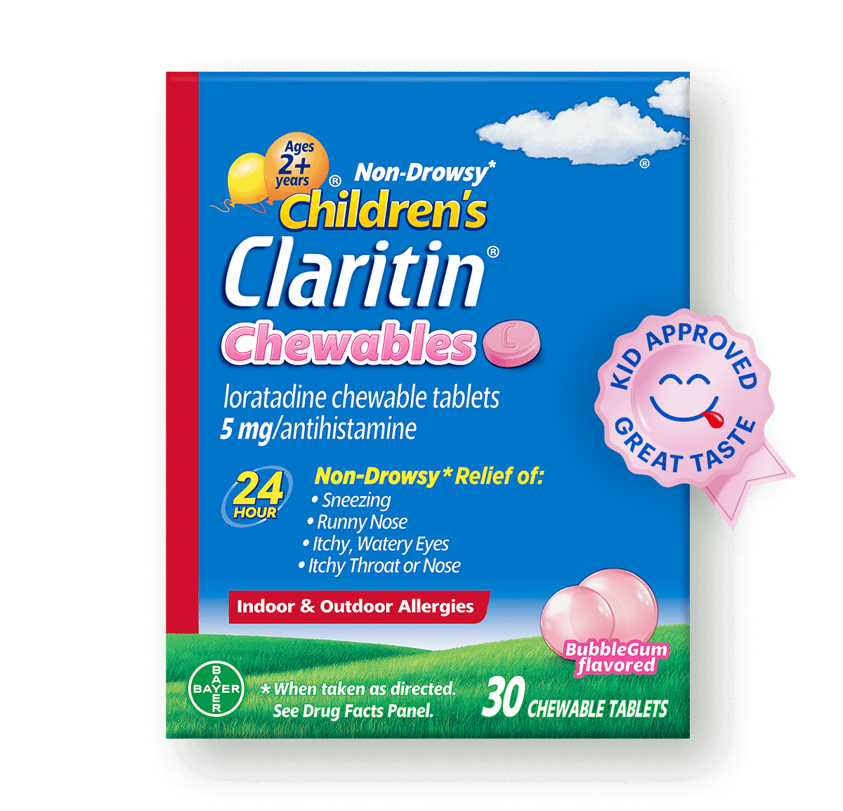 blue carton of Children's Claritin® Chewables bubblegum flavor sitting on green grass against a blue sky