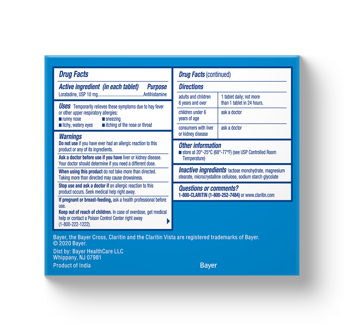 blue carton showing the drug facts of Claritin® Tablets 24-Hour