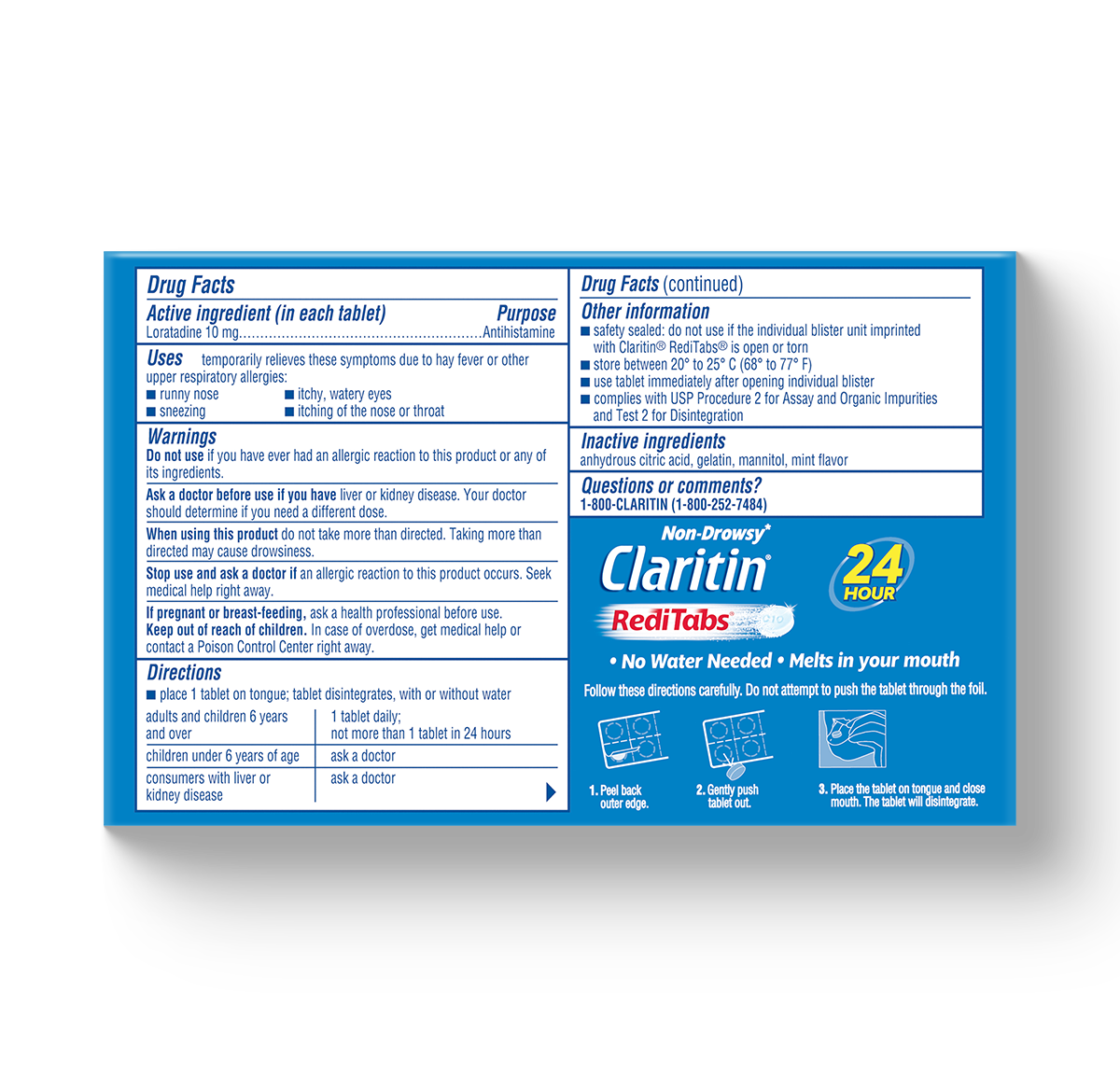 blue carton showing drug facts for Claritin® RediTabs® 24-Hour