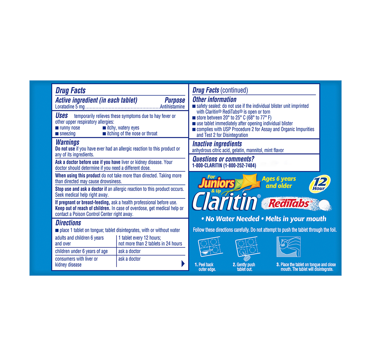 reverse view of Claritin reditabs for juniors 12-Hour package