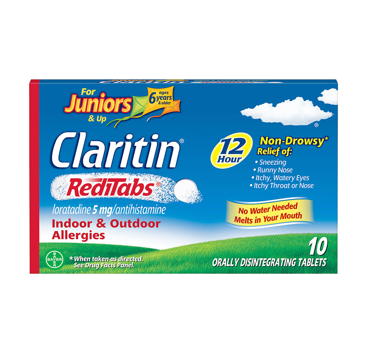 front view of Claritin rediTabs for juniors 12-Hour package