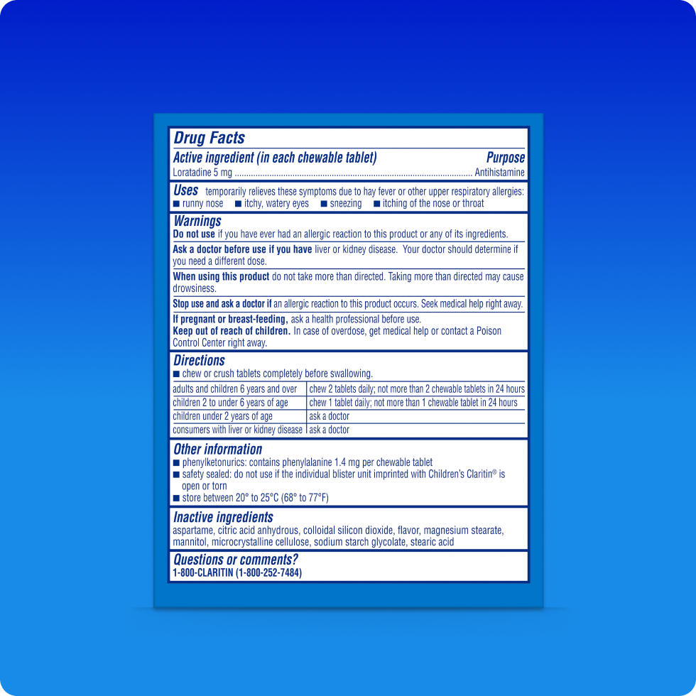 Drug Facts of Children’s Claritin® Chewable tablets in grape flavor, it includes ingredients, safety, and usage information.