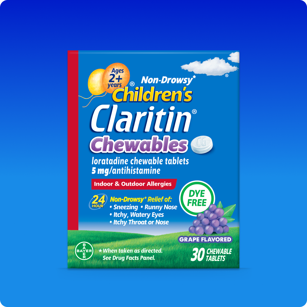 Children’s Claritin® Chewables pack provides 24-hour, non-drowsy allergy relief in grape flavor.