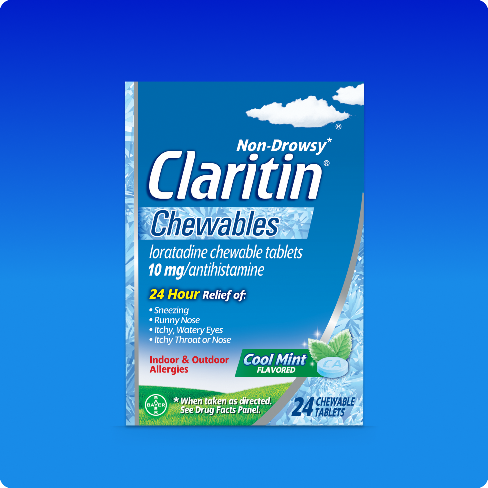 Claritin® Chewables pack provides non-drowsy allergy relief with a refreshing cool mint flavor.