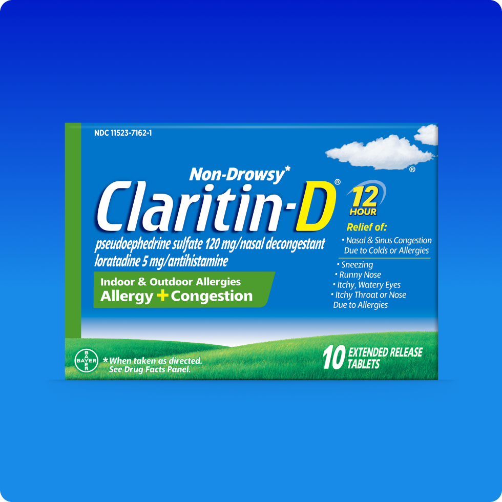 Claritin-D® tablets 12 hour pack provides relief from allergy symptoms along with nasal congestion.