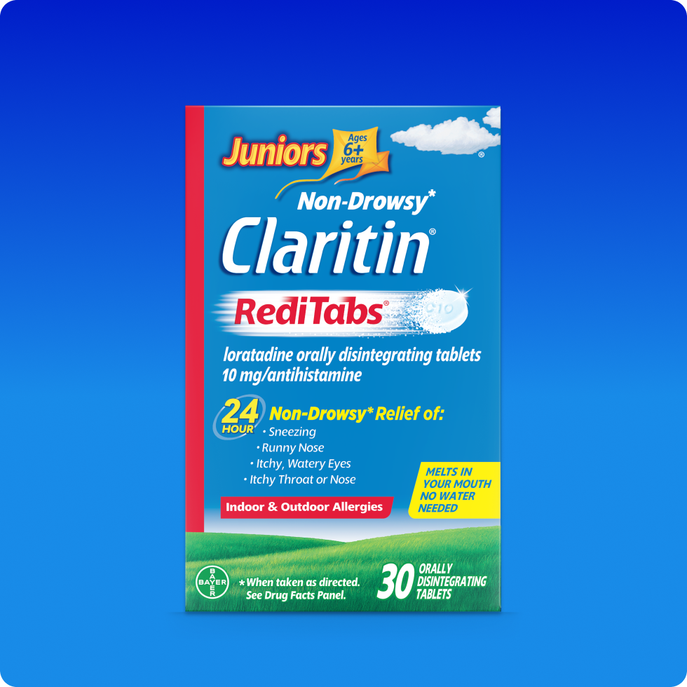 Pack of Claritin® RediTabs® for Juniors which are disintegrating tablets providing 24-hour allergy relief.