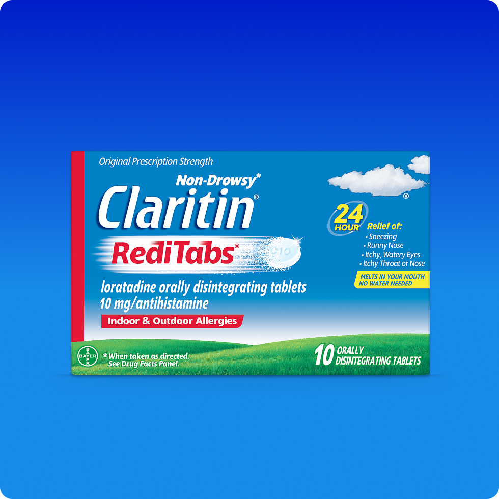 Claritin® RediTabs® melt-in-your-mouth tablet pack offers 24 hours of non-drowsy allergy relief.