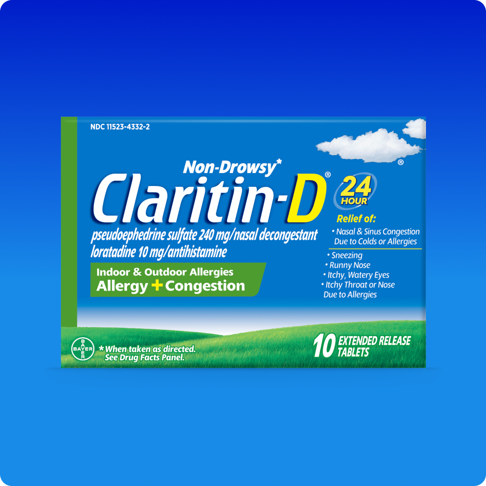 Claritin-D® tablets 24 Hour pack provides relief from allergy symptoms along with nasal congestion.