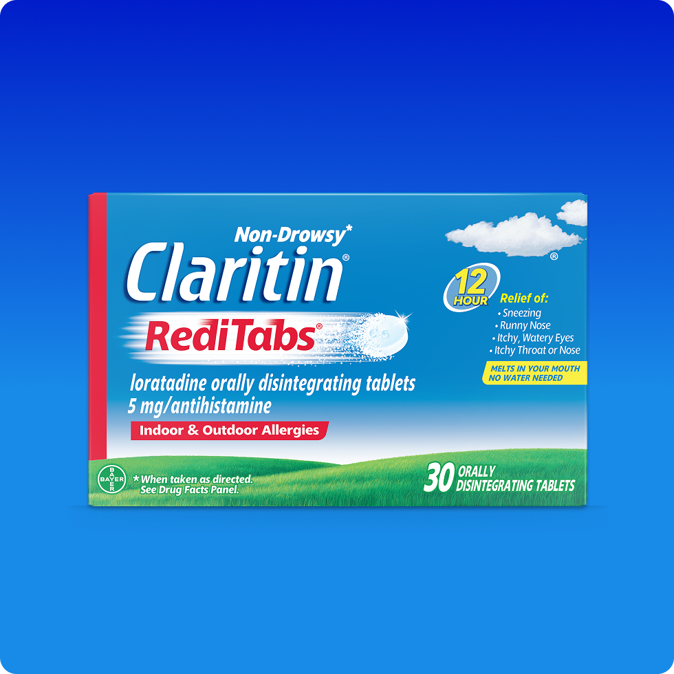 Claritin® RediTabs® melt-in-your-mouth tablet pack offers 12 hours of non-drowsy allergy relief.